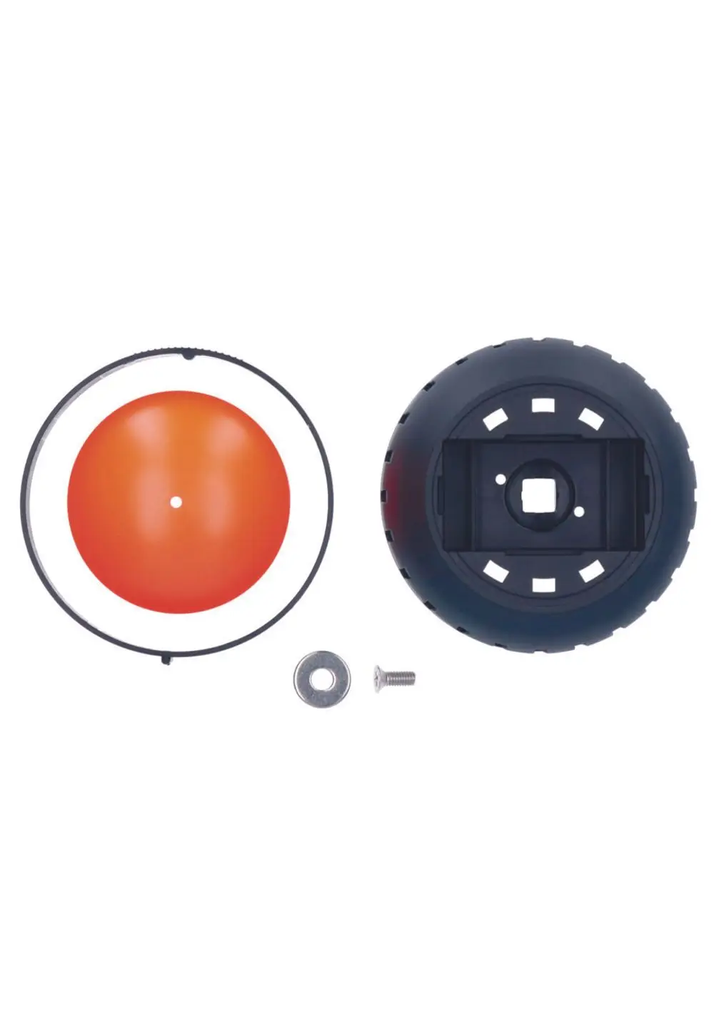 Judo Ersatzteilset mit einem roten Ball und einer schwarzen Halterung, dazu Metallstück und Schraube, auf neutralem Hintergrund angeordnet.